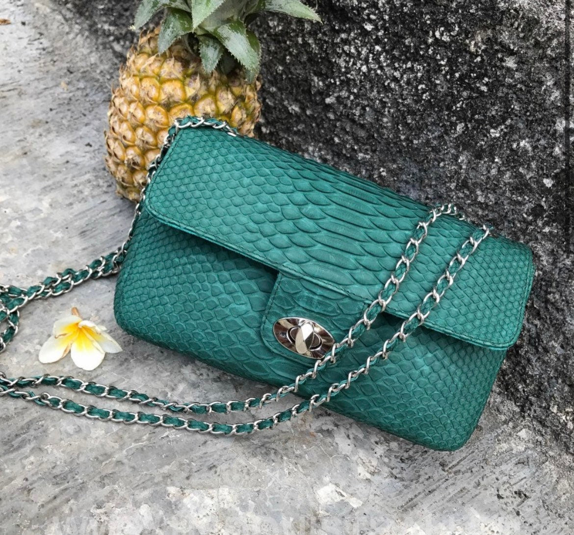 Dark Green Genuine Python Skin Crossbody Chain Bag