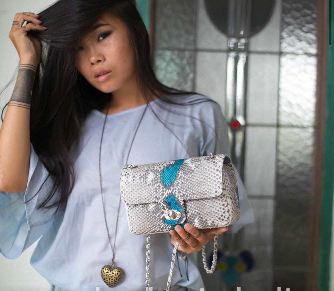 Gray and blue Genuine Python Skin Crossbody Chain Bag
