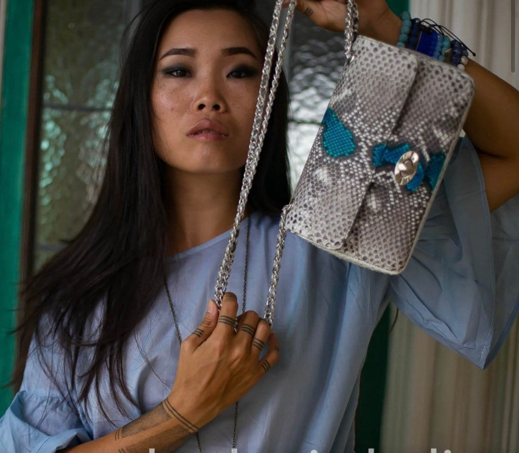 Gray and blue Genuine Python Skin Crossbody Chain Bag