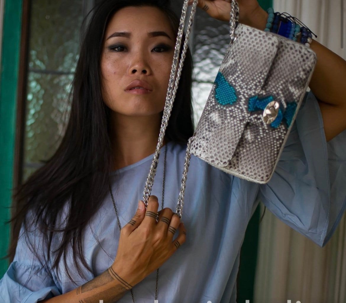 Gray and blue Genuine Python Skin Crossbody Chain Bag