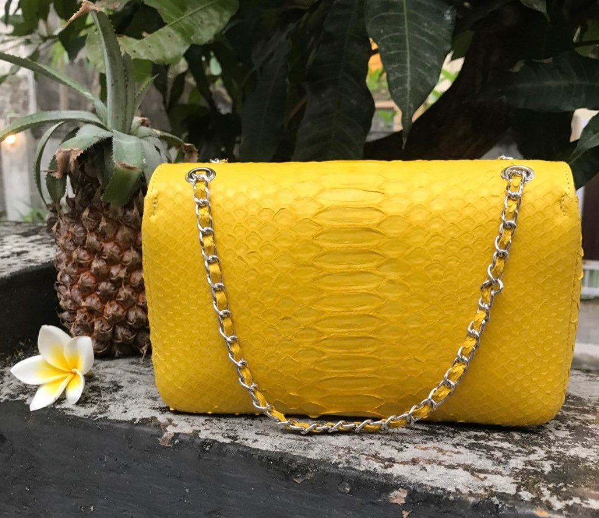 Yellow Genuine Python Skin Crossbody Chain Bag