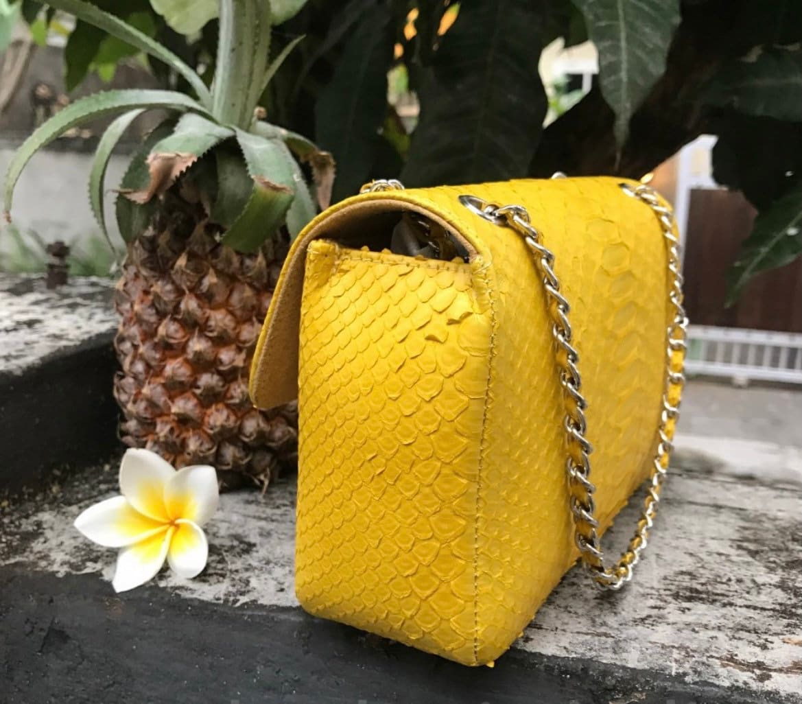 Yellow Genuine Python Skin Crossbody Chain Bag