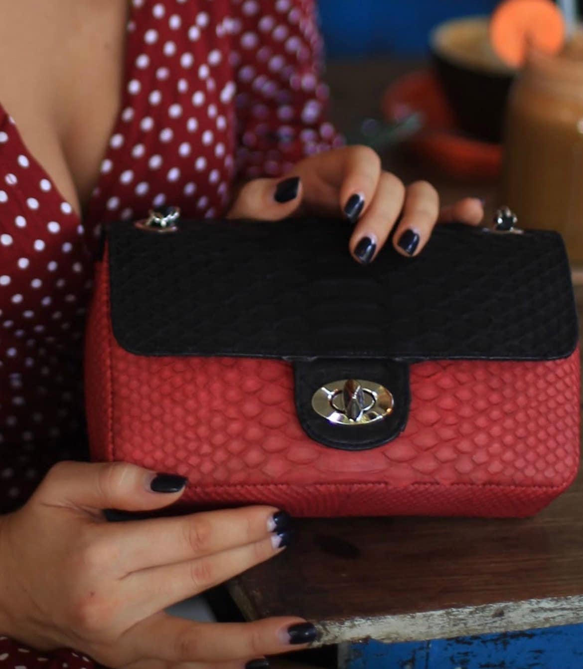 Genuine Python Skin black and red Crossbody Chain Bag