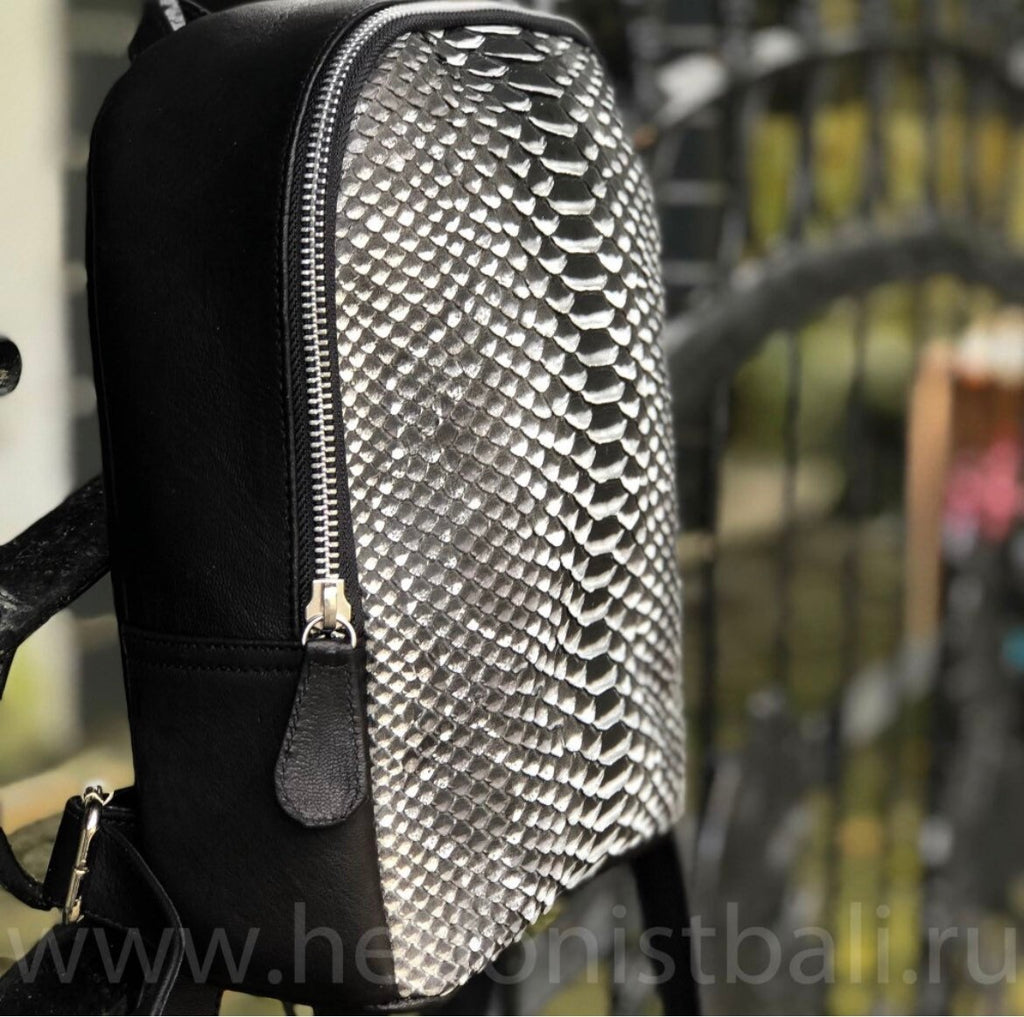Genuine Python Skin Mini Backpack — Black & White