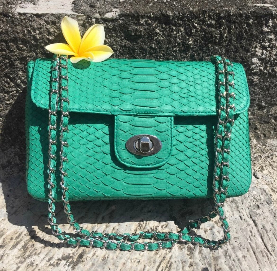 Genuine Python Skin Maxi Crossbody Bag — Turquoise