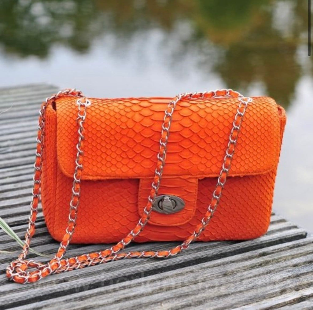 Genuine Python Skin Maxi Crossbody Bag — Orange