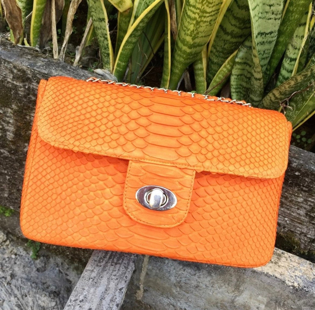 Genuine Python Skin Maxi Crossbody Bag — Orange