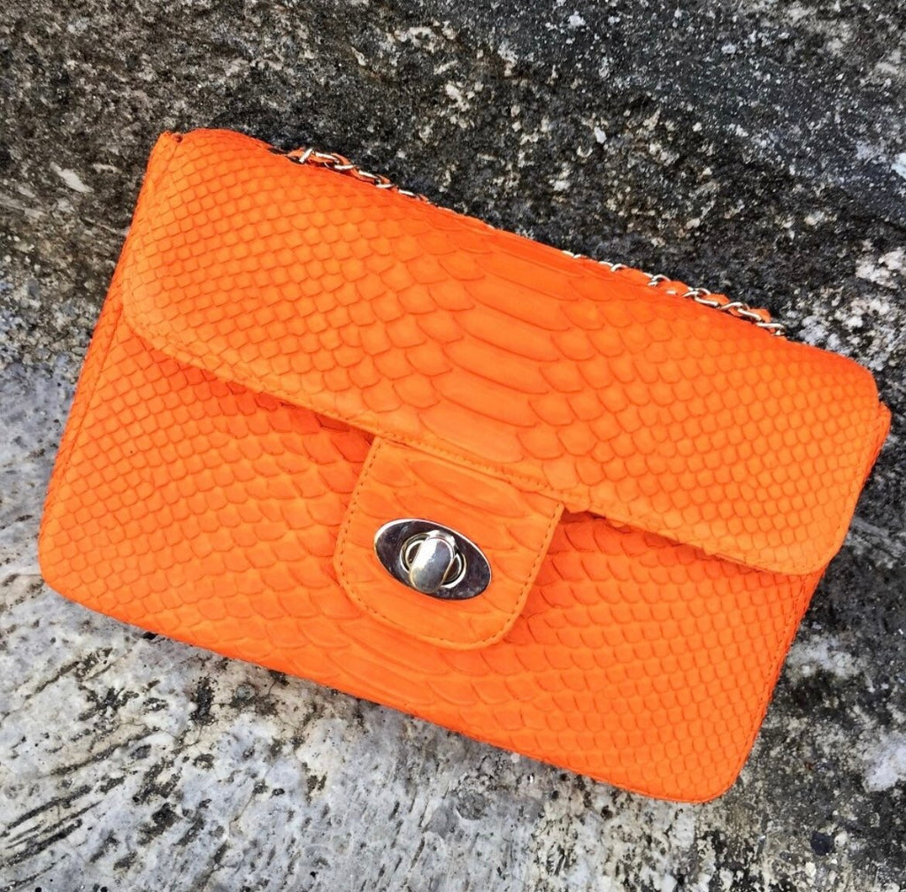 Genuine Python Skin Maxi Crossbody Bag — Orange