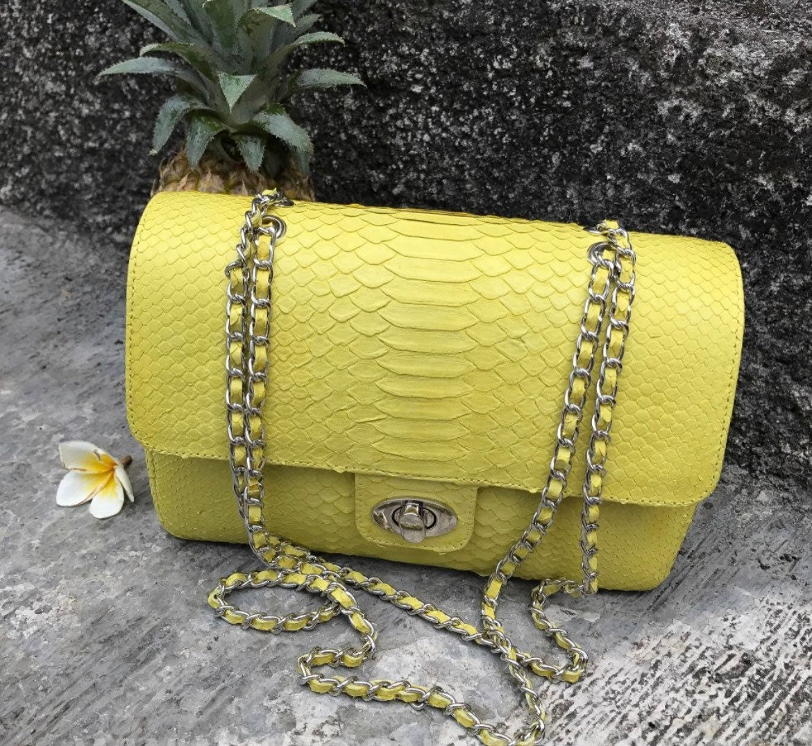 Genuine Python Skin Maxi Crossbody Bag — Yellow