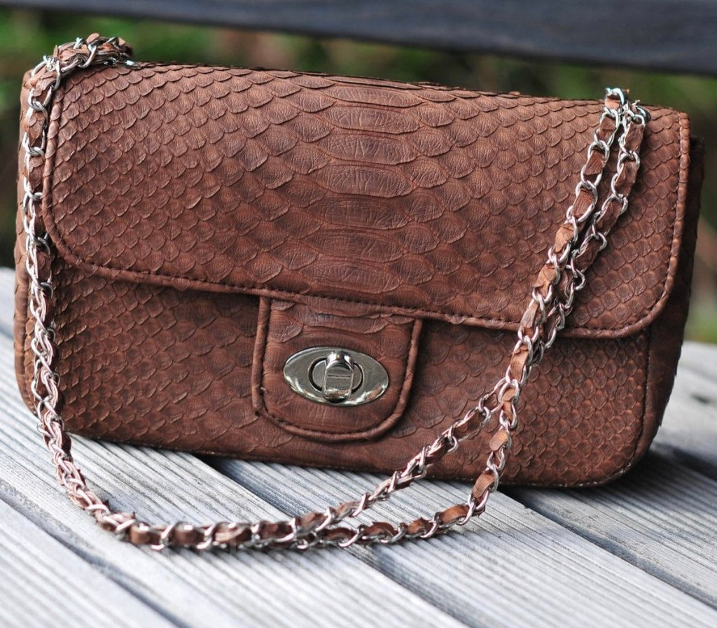 Genuine Python Skin Chain Crossbody Bag — Chocolate Brown