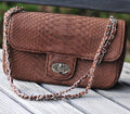 Genuine Python Skin Chain Crossbody Bag — Chocolate Brown