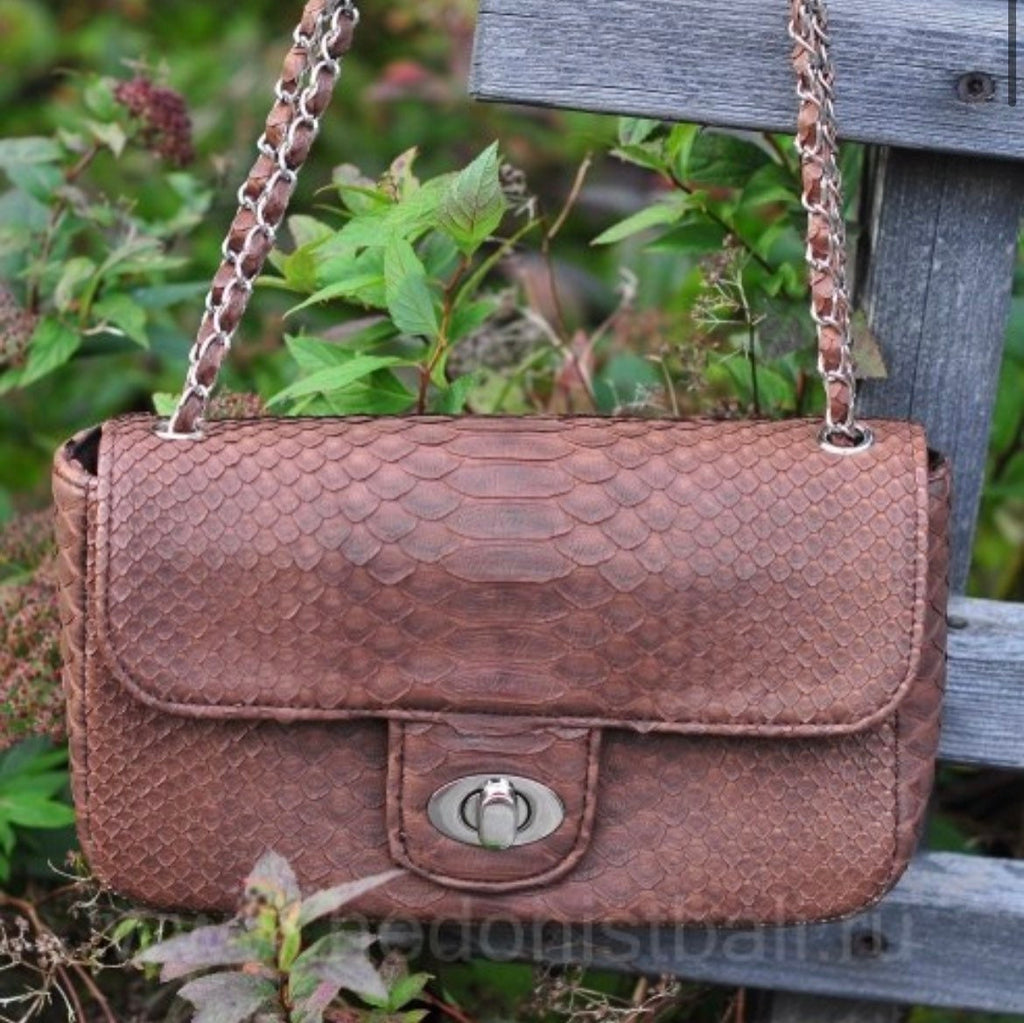 Genuine Python Skin Chain Crossbody Bag — Chocolate Brown