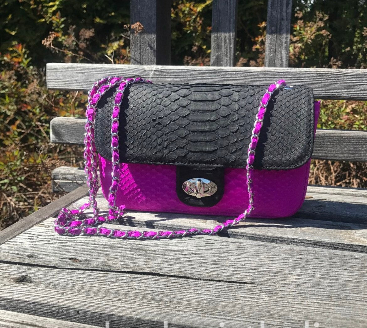 Genuine Python Skin Chain Crossbody Bag — Black & Fuchsia