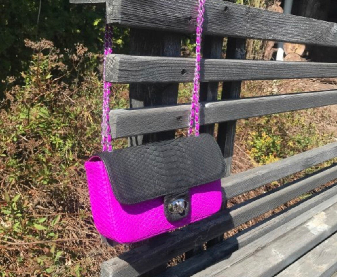 Genuine Python Skin Chain Crossbody Bag — Black & Fuchsia