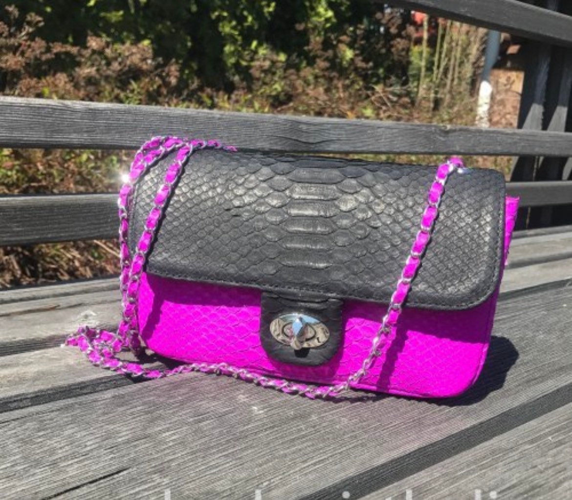 Genuine Python Skin Chain Crossbody Bag — Black & Fuchsia