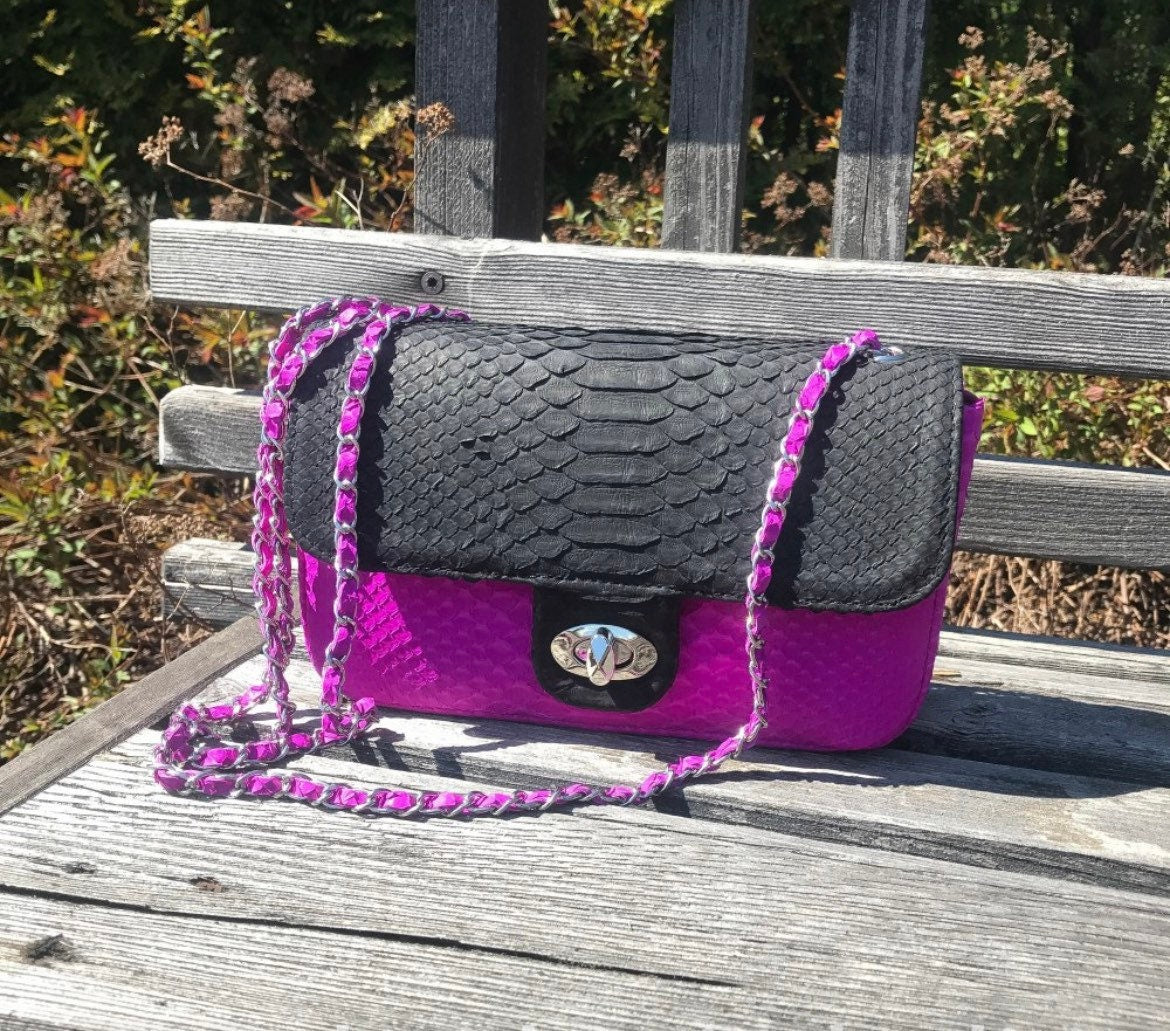 Genuine Python Skin Chain Crossbody Bag — Black & Fuchsia