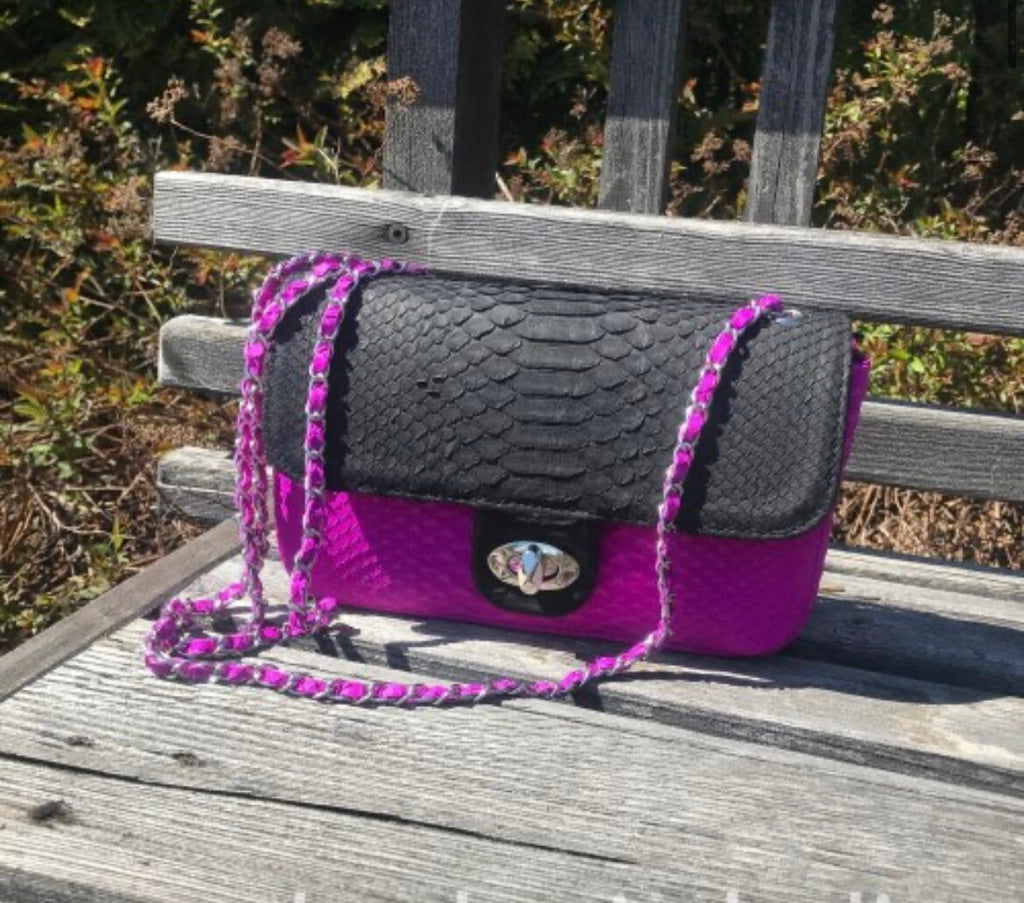 Genuine Python Skin Chain Crossbody Bag — Black & Fuchsia