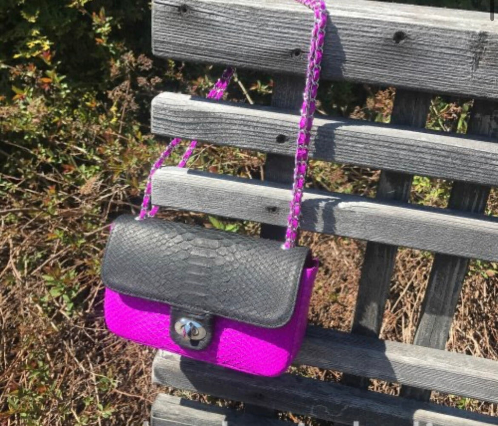 Genuine Python Skin Chain Crossbody Bag — Black & Fuchsia