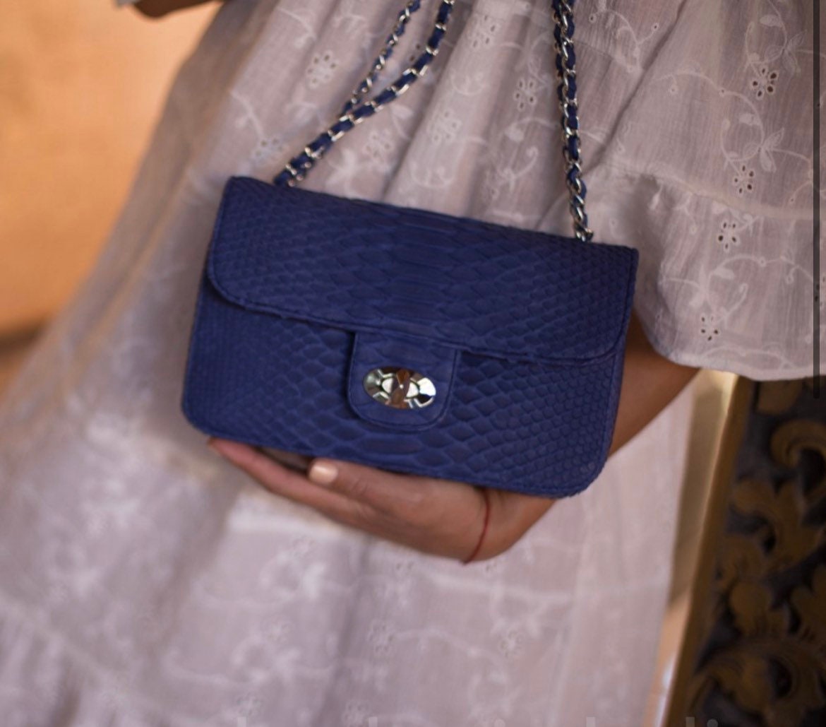 Genuine Python Skin Chain Crossbody Bag — Blue