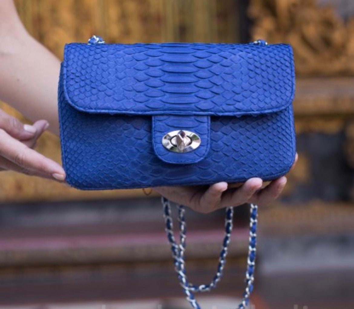 Genuine Python Skin Chain Crossbody Bag — Blue