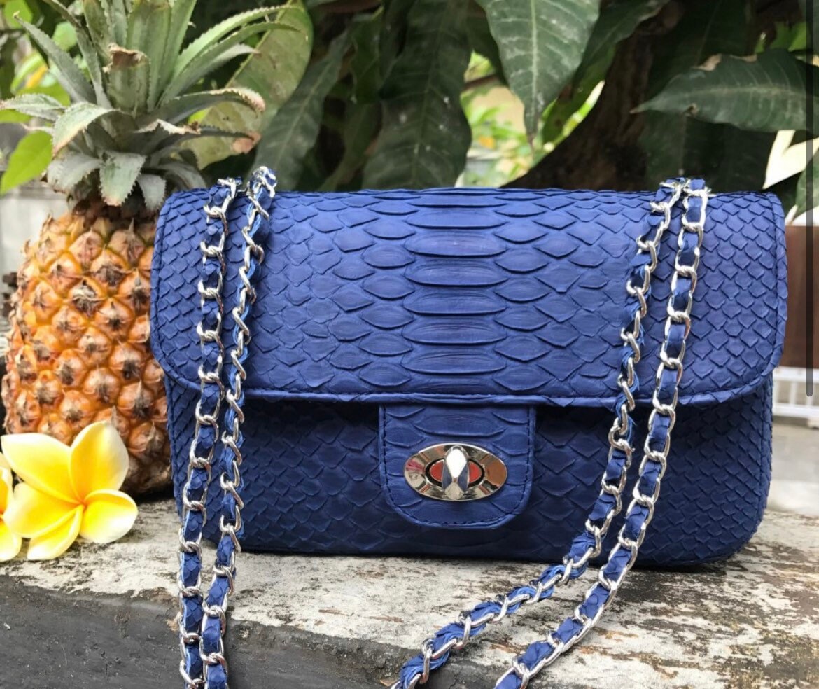 Genuine Python Skin Chain Crossbody Bag — Blue