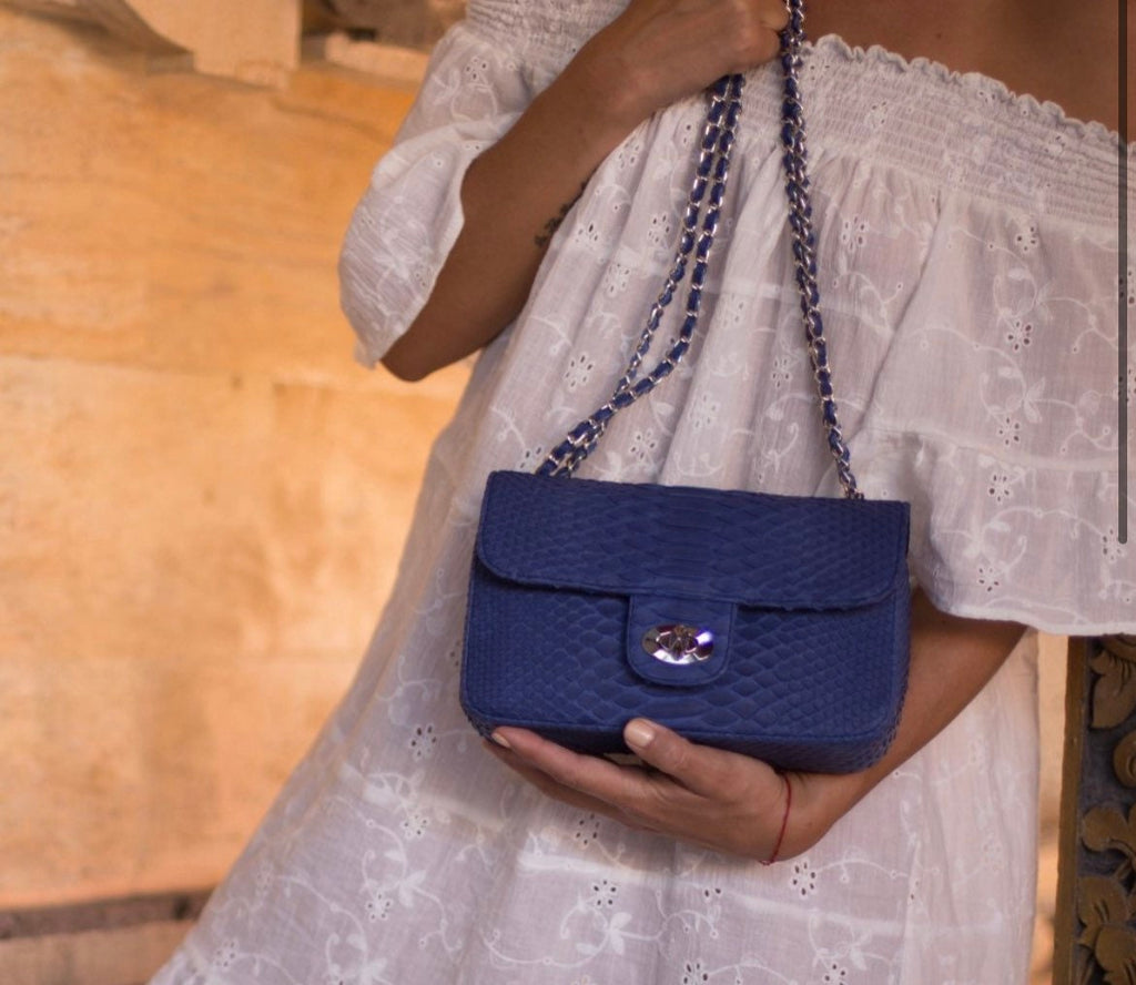 Genuine Python Skin Chain Crossbody Bag — Blue
