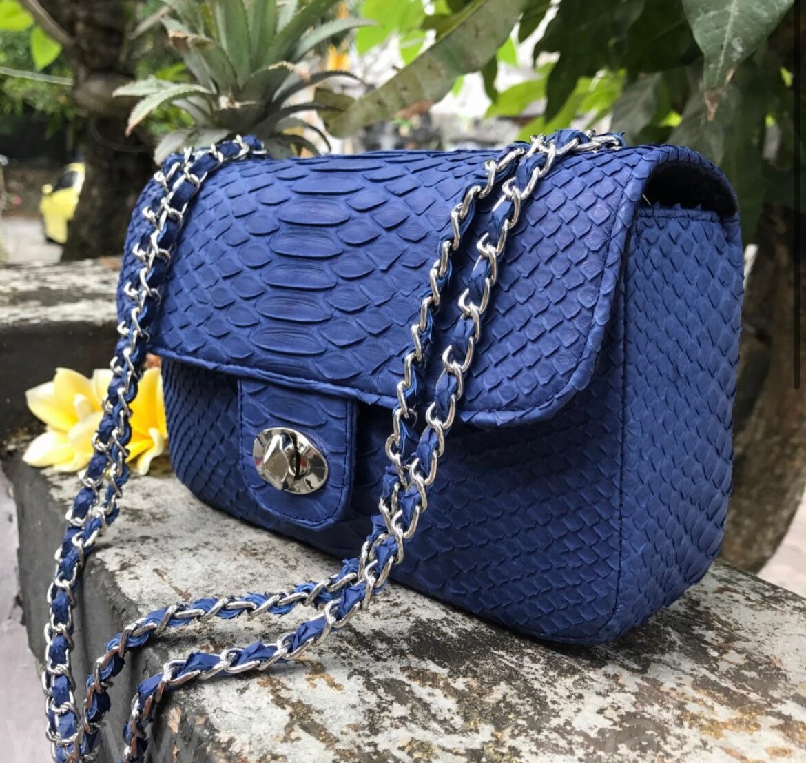 Genuine Python Skin Chain Crossbody Bag — Blue