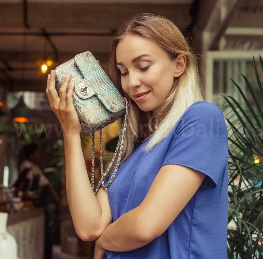 Light blue Crossbody Bag Genuine Python Skin