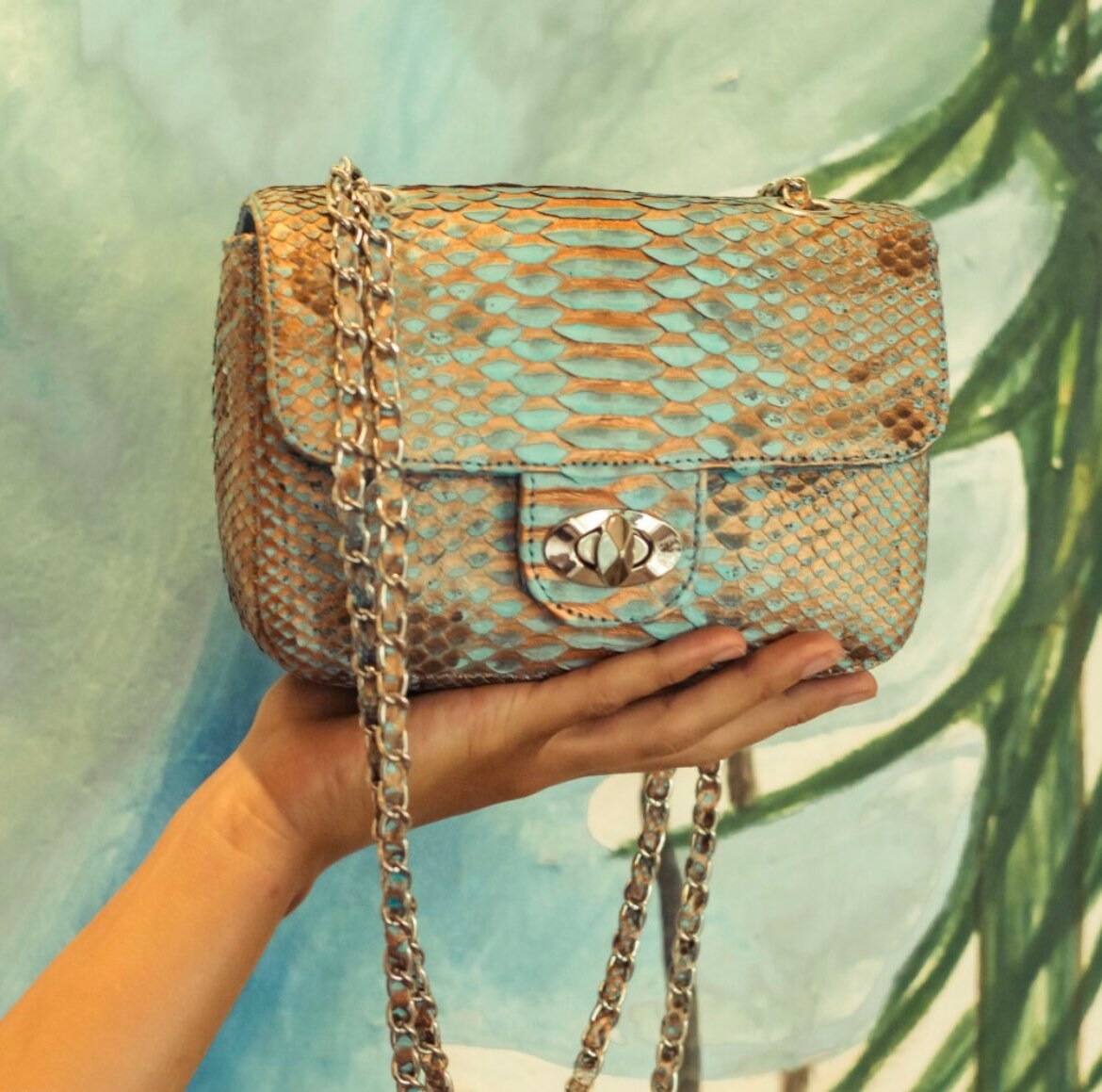 Light blue Crossbody Bag Genuine Python Skin