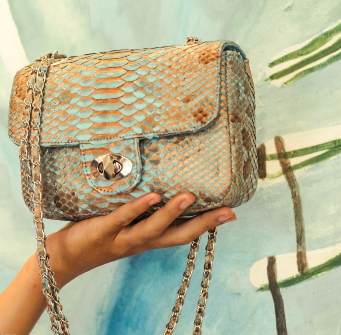 Light blue Crossbody Bag Genuine Python Skin