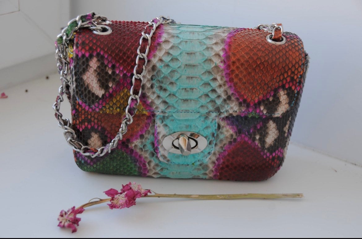 Genuine Python Skin Crossbody Bag — Blue Multicolor