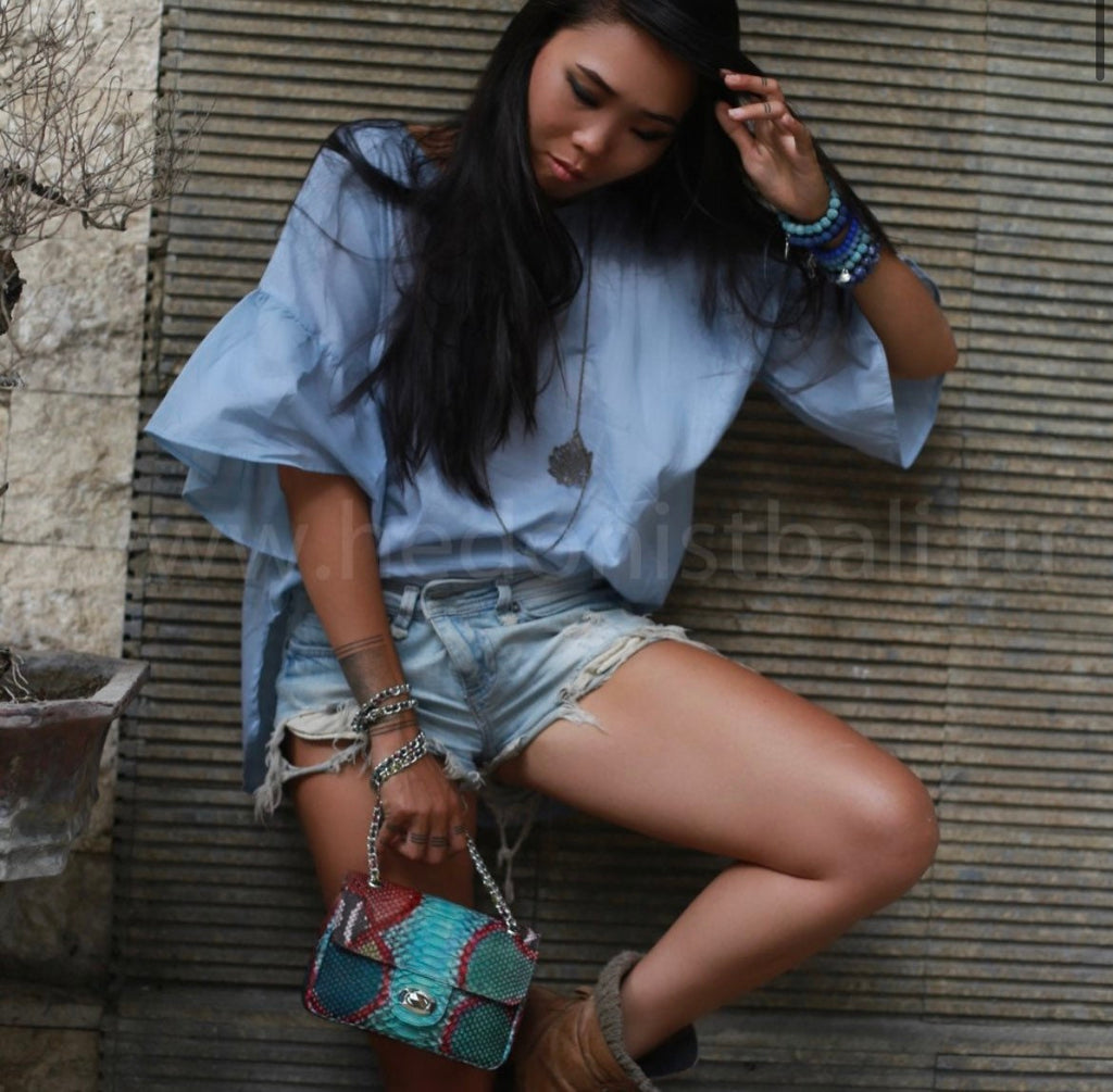 Genuine Python Skin Crossbody Bag — Blue Multicolor