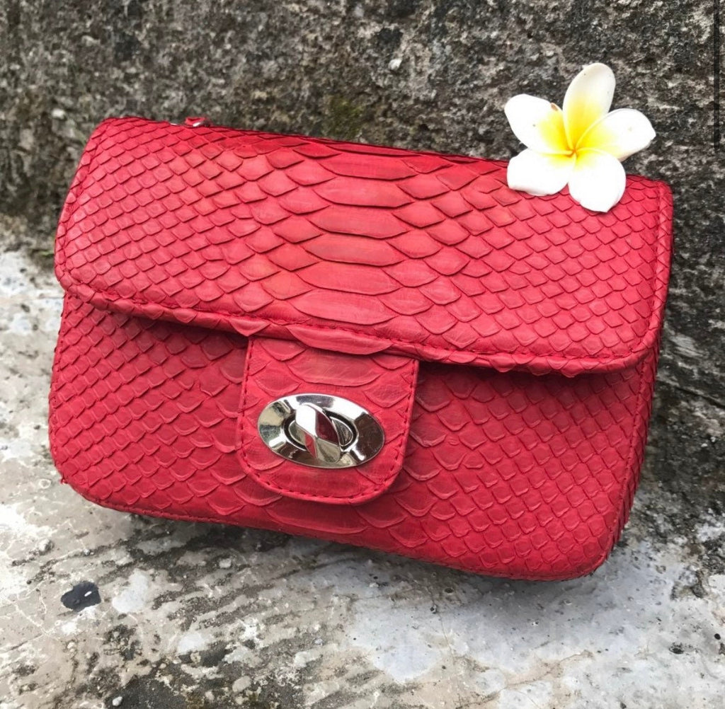 Genuine Python Skin Mini Chain Bag — Red