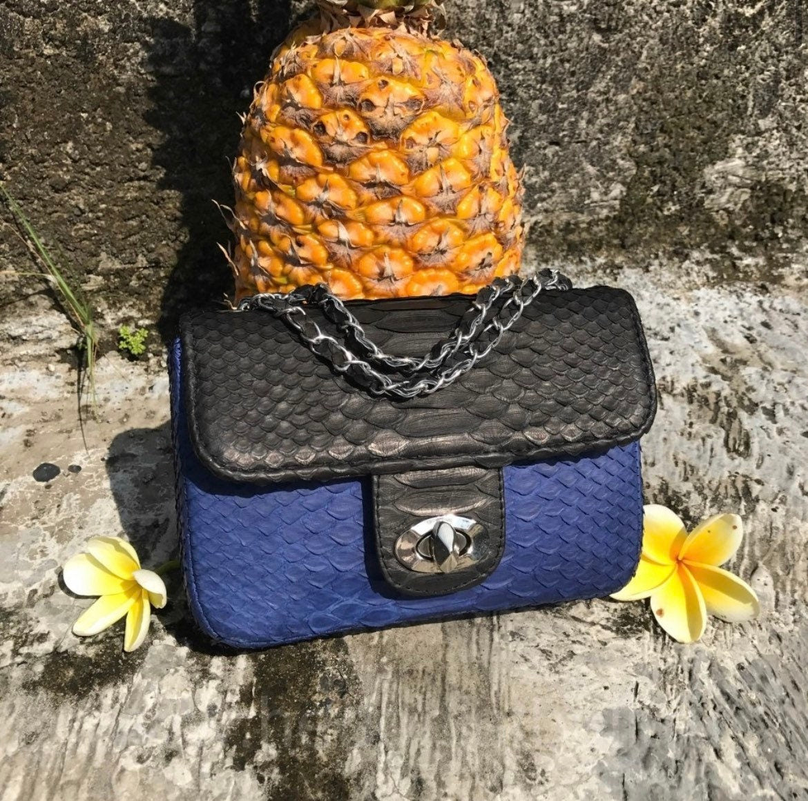 Genuine Python Skin crossbody black and blue bag