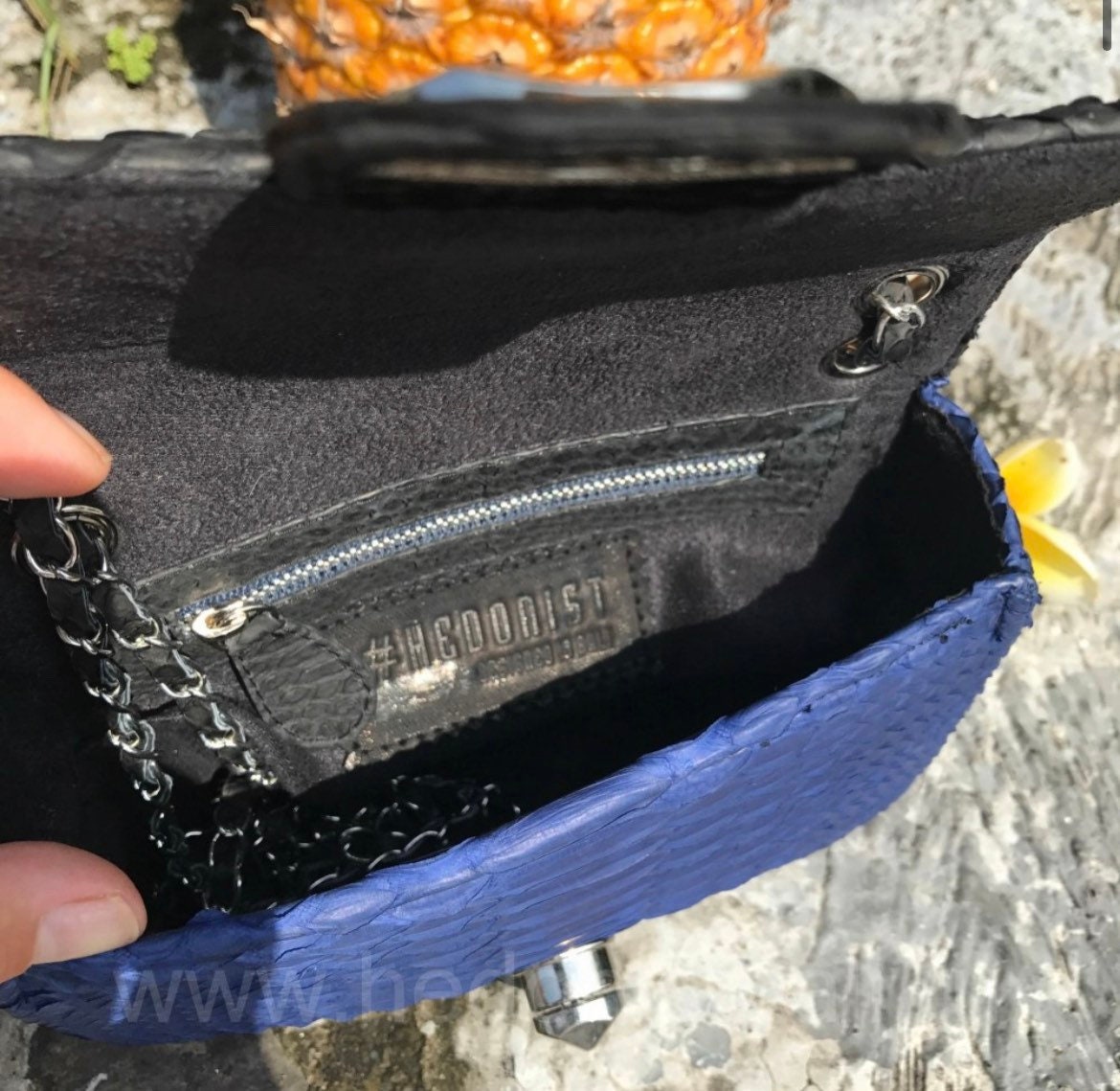 Genuine Python Skin Crossbody Bag — Black & Blue Colorblock