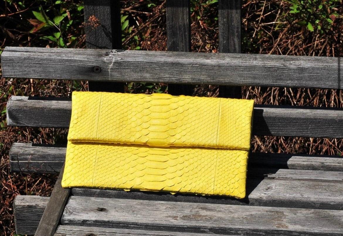 Genuine Python Skin Envelope Clutch — Yellow