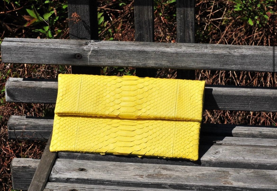 Genuine python skin yellow handmade clutch, classy elegant leather envelope bag, purse free shipping, flat snake leather clutch,small clutch — Red