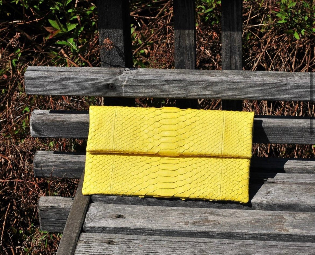 Genuine Python Skin Envelope Clutch — Yellow