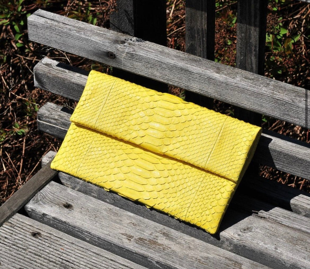 Genuine Python Skin Envelope Clutch — Yellow