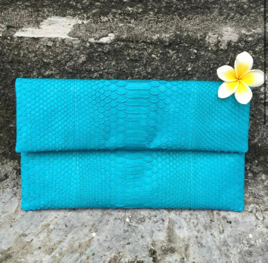 Genuine Python Skin Clutch — Turquoise Blue