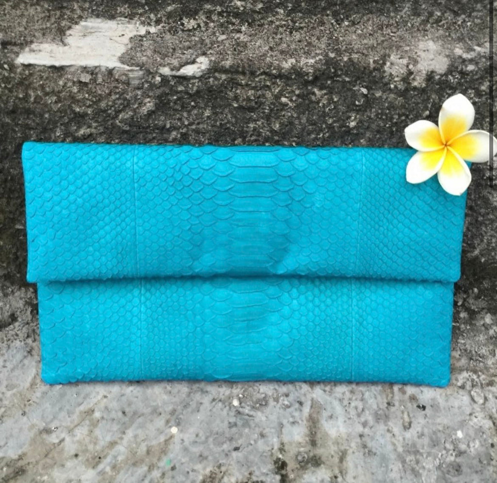 Genuine Python Skin Clutch — Turquoise Blue