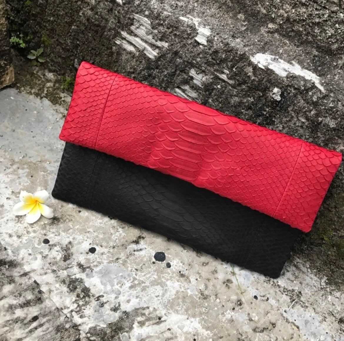 Genuine Python Skin Envelope Clutch — Black & Red Colorblock