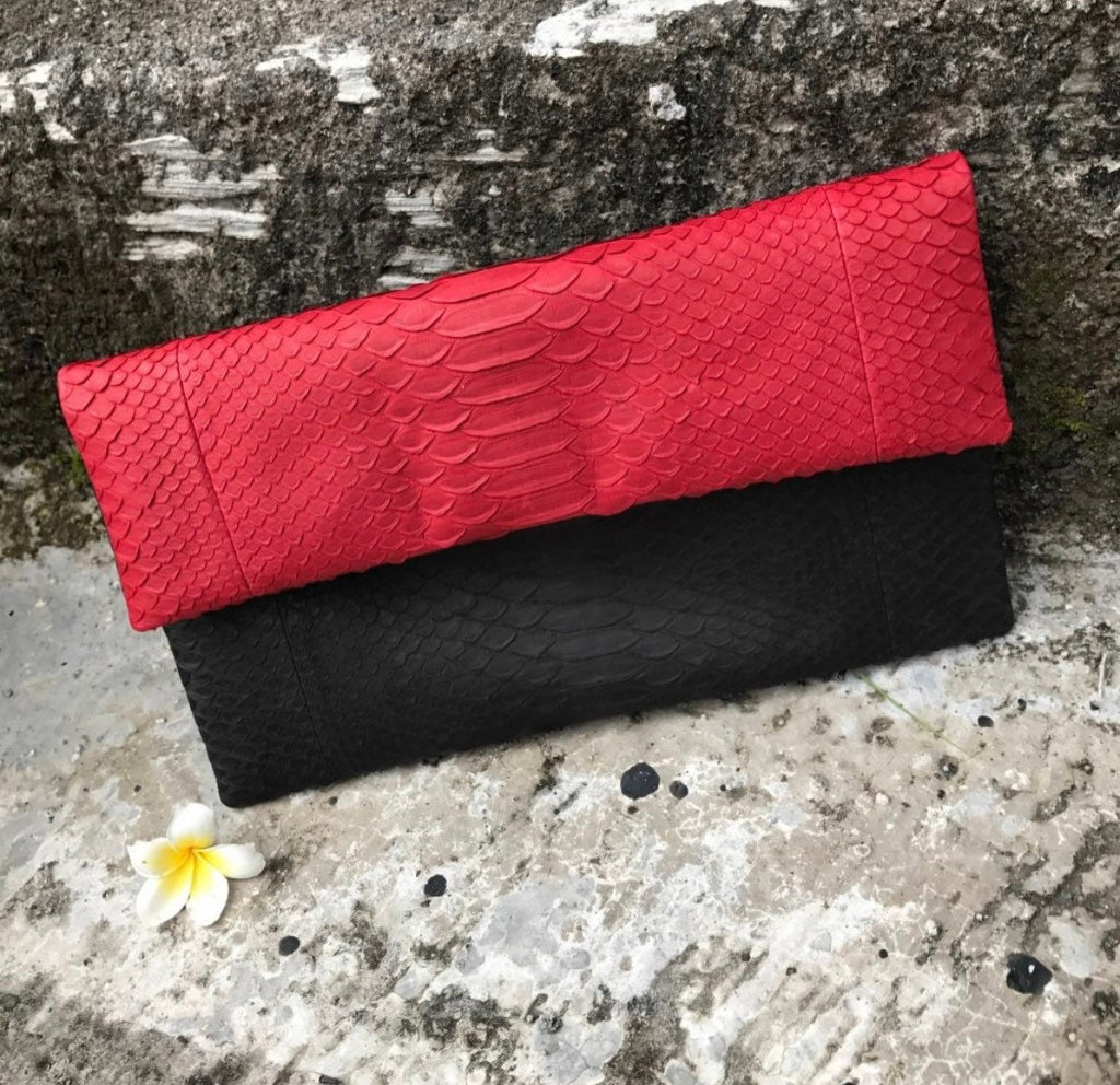 Genuine Python Skin Envelope Clutch — Black & Red Colorblock