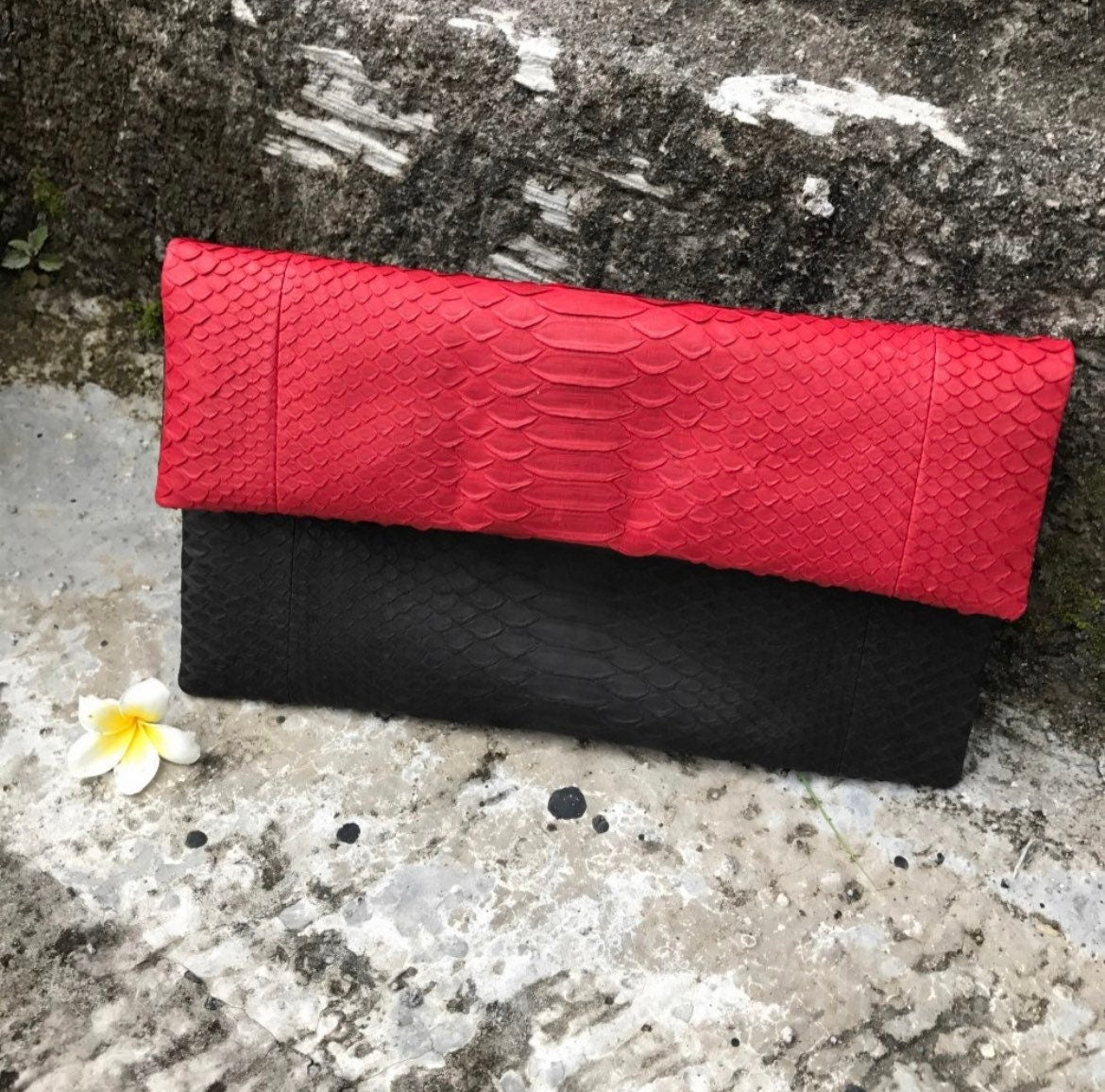 Genuine Python Skin Envelope Clutch — Black & Red Colorblock