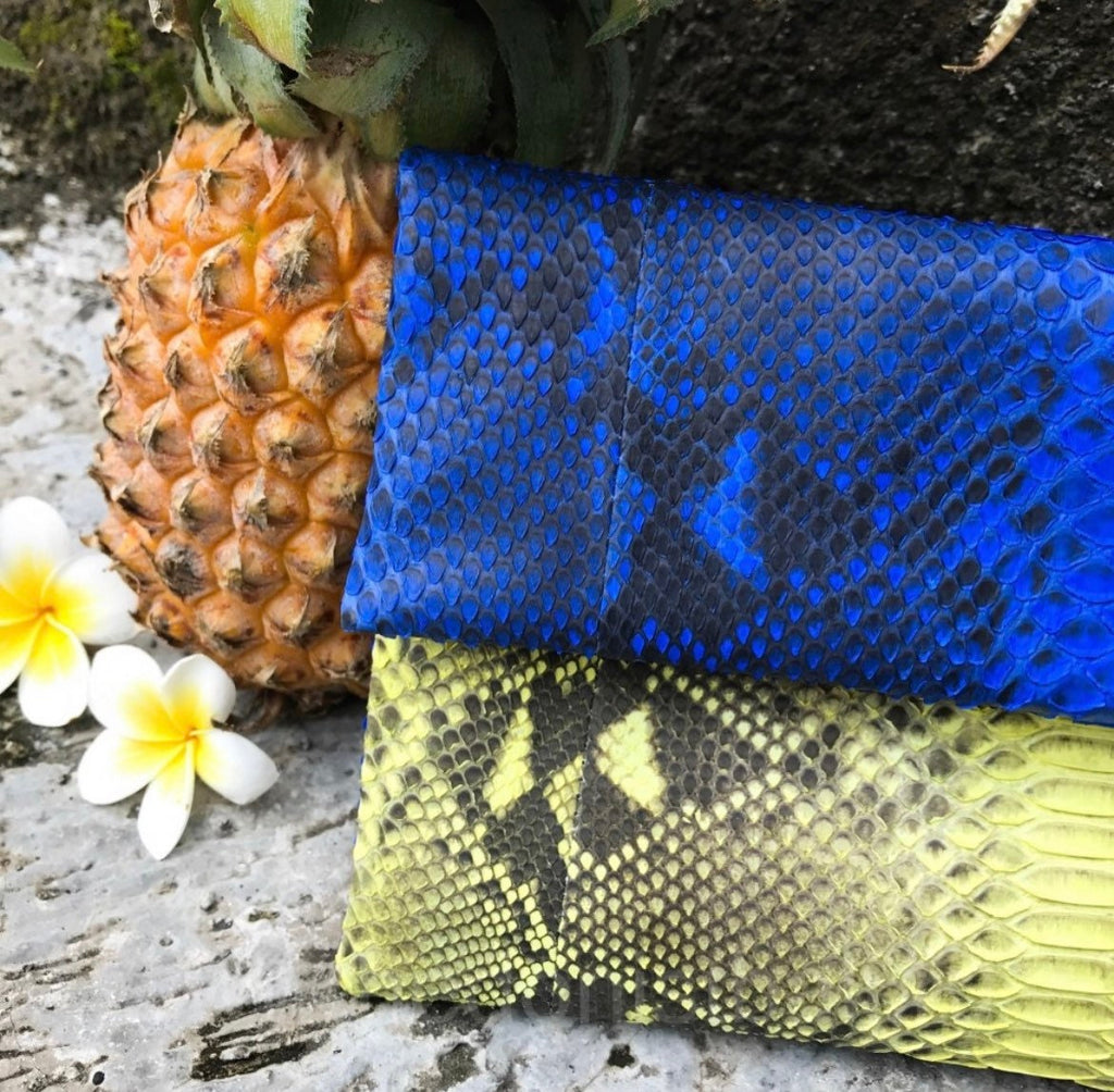Genuine Python Skin Envelope Clutch — Blue & Yellow Colorblock