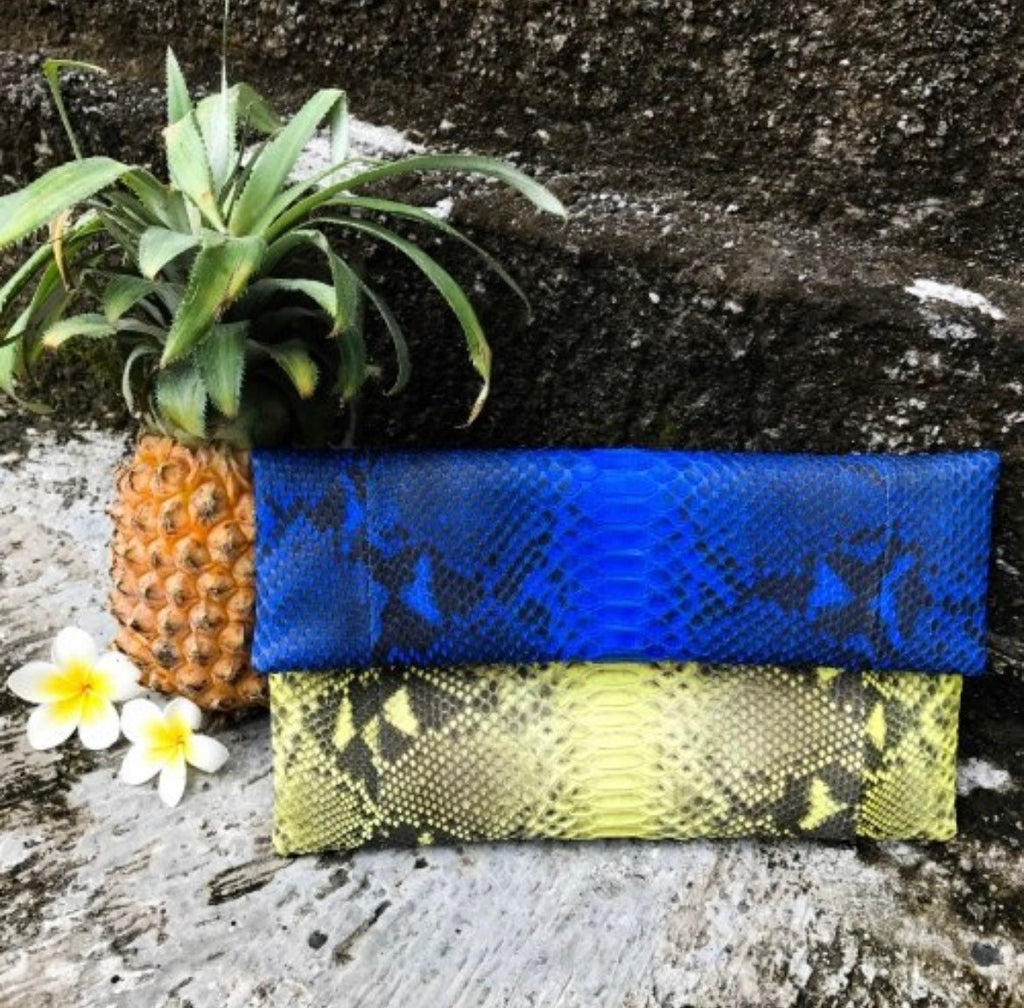 Genuine Python Skin Envelope Clutch — Blue & Yellow Colorblock