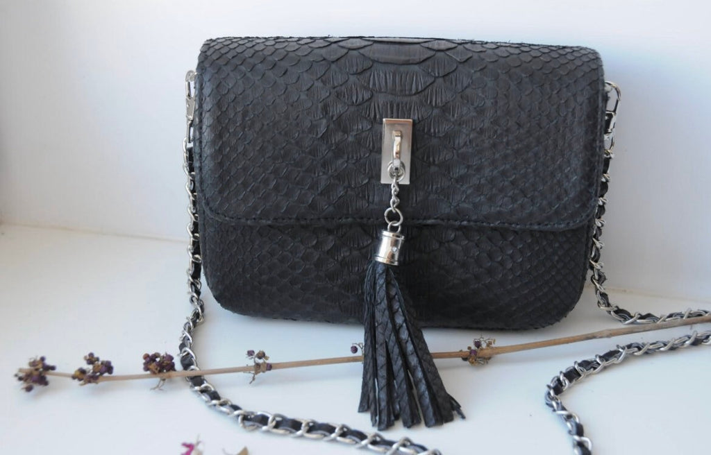 Genuine Python Skin Chain Tassel Crossbody Bag — Black