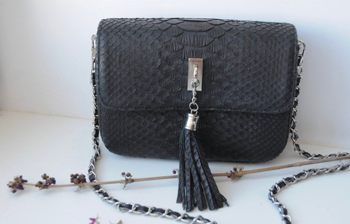 Genuine Python Skin Chain Tassel Crossbody Bag — Black