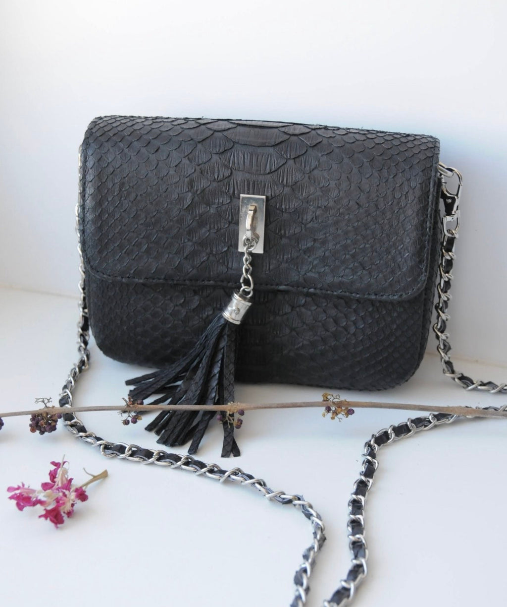 Genuine Python Skin Chain Tassel Crossbody Bag — Black