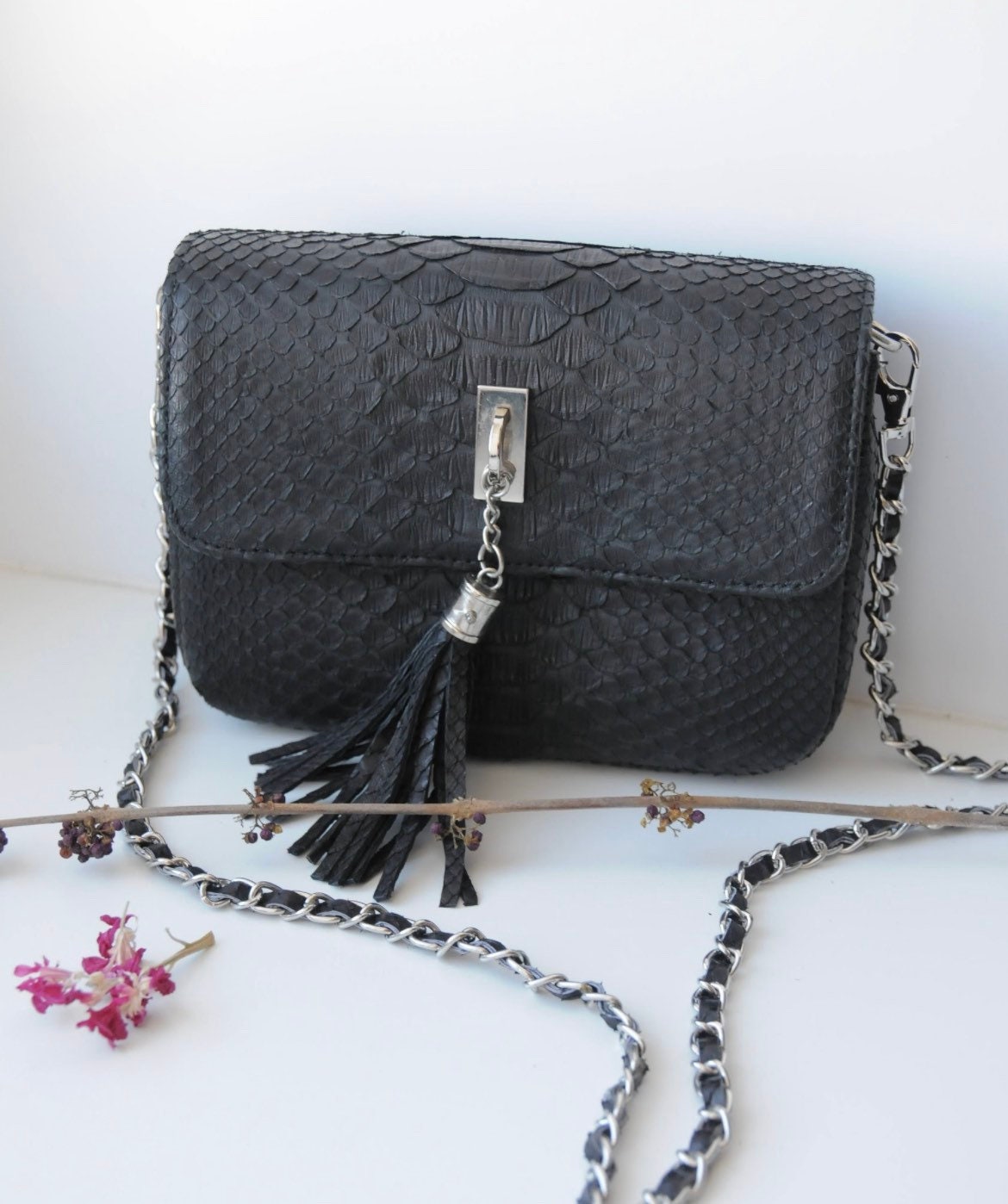Genuine Python Skin Chain Tassel Crossbody Bag — Black